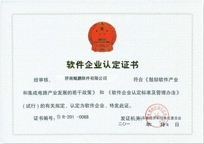 软件企业认定证书